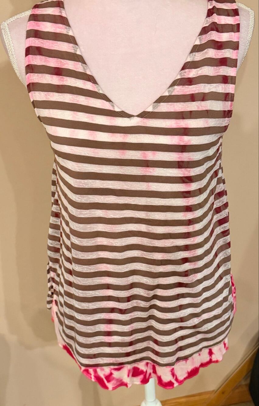 Yak & Yeti Sleeveless V-Neck Layered Tank Top Size M Pink White Striped Tie Dye